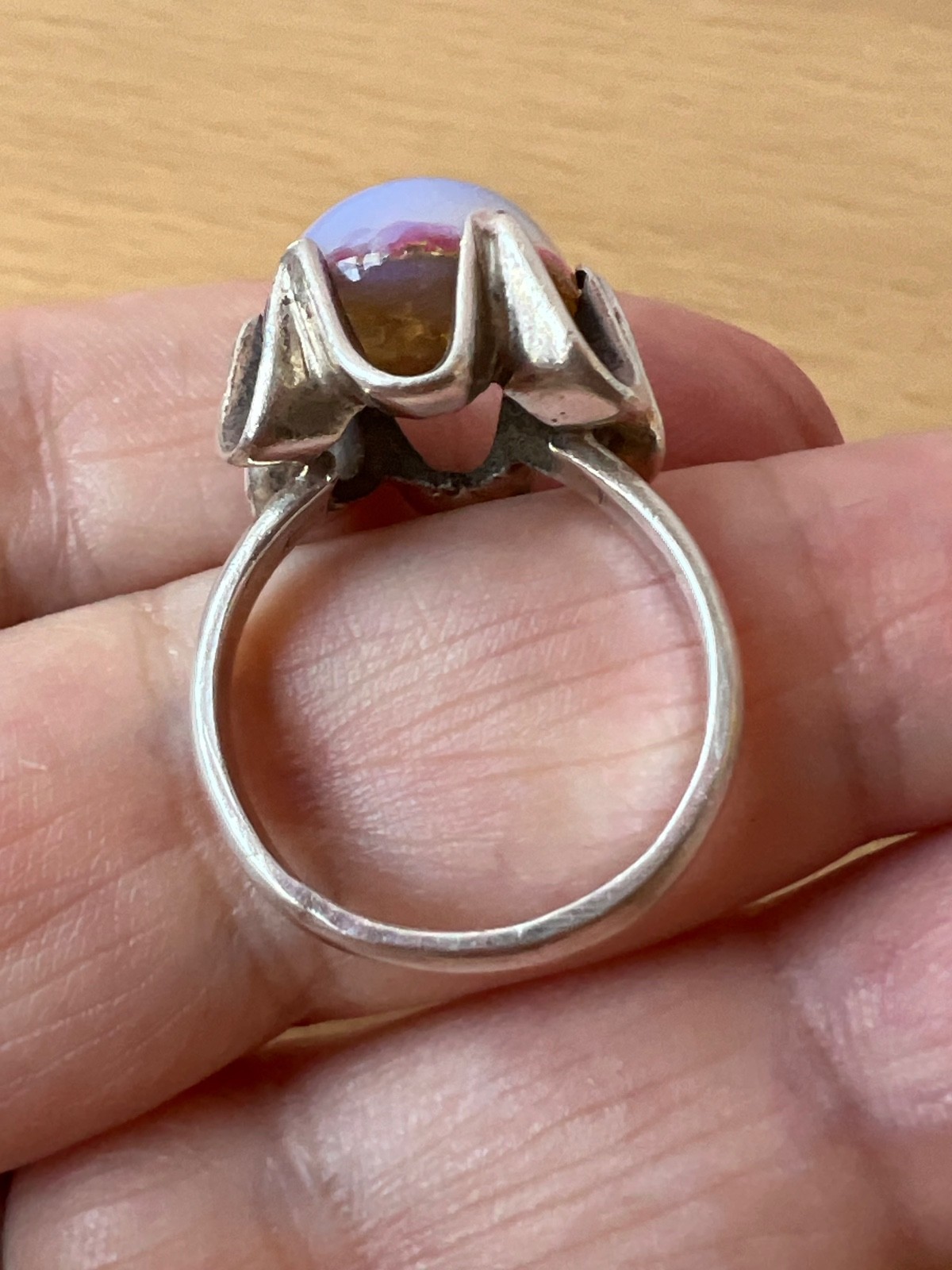 VINTAGE LARGE ROUND CABOCHON FAUX RAINBOW OPAL RING 925 STERLING SLVER MEXICO