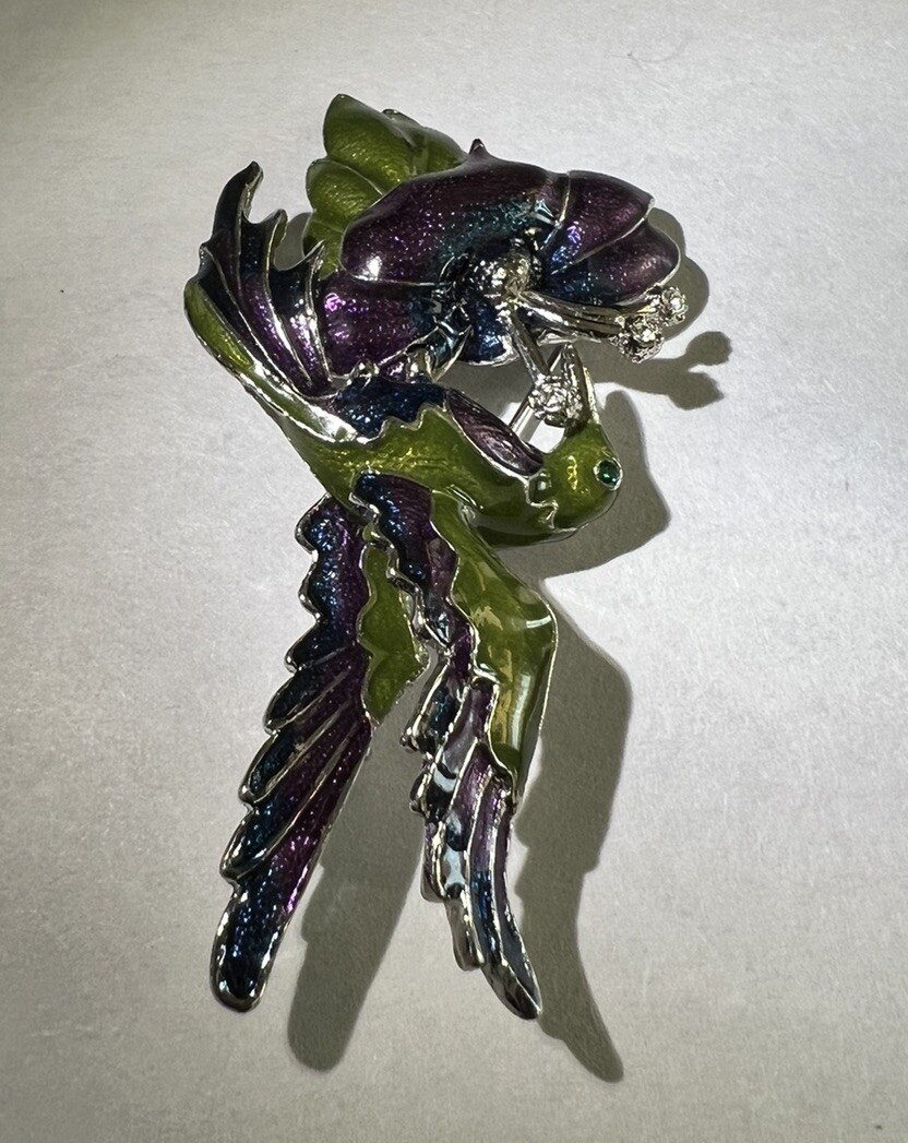 Colorful Hummingbird And Flower Brooch Purple Green And Blue Enamel Silver