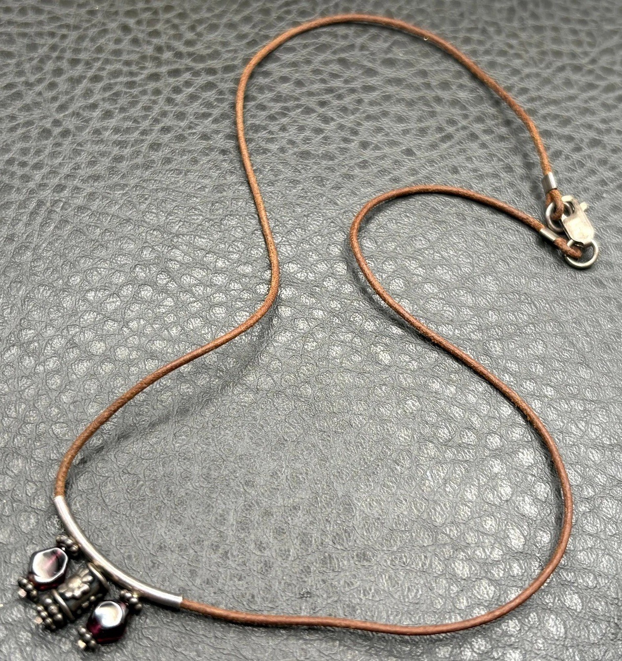 Vintage Garnet Cabochon Leather Cord Necklace Sterling Silver Pendant Choker