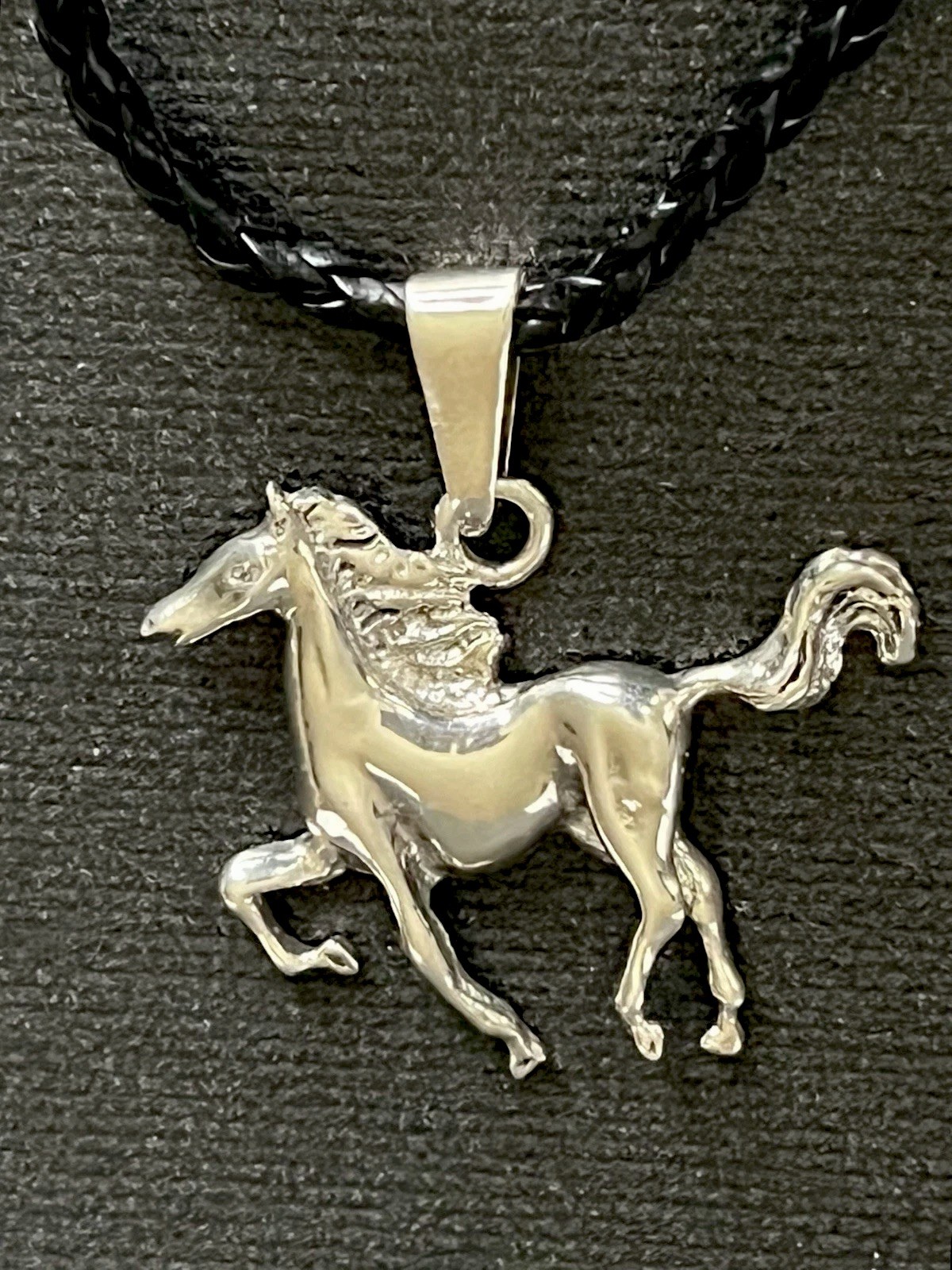925 Signed Running Horse Pendant On black Leather Cord