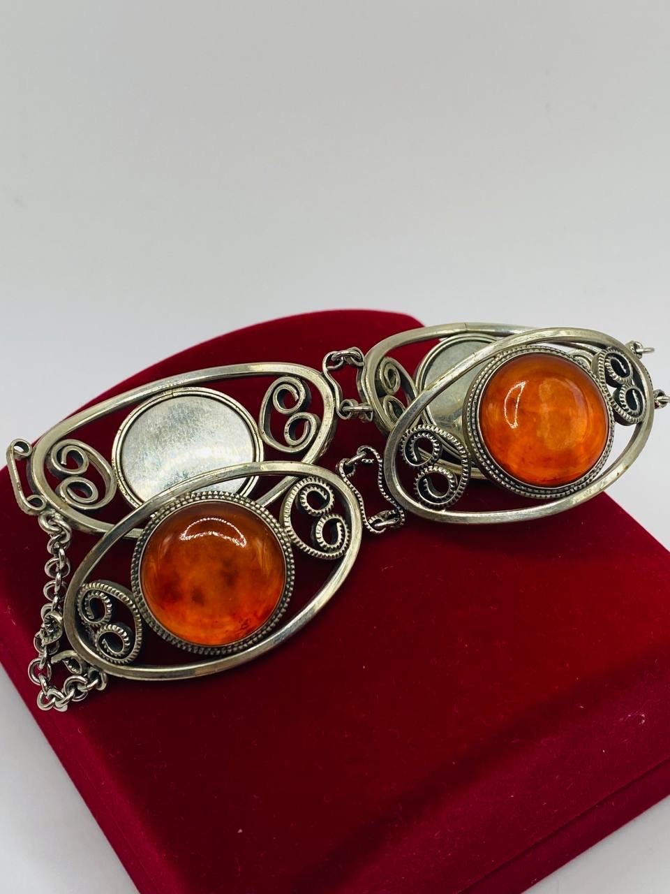 Antique Soviet filigree Chalcedony Silver Bracelet Hand Crafted