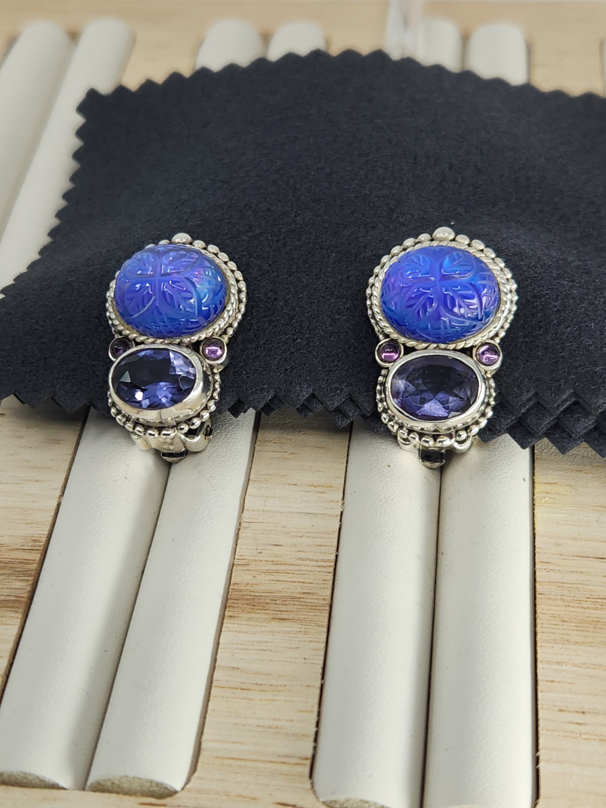 Stephen Dweck Sterling Silver Carved Blue Quartz Iolite Clip On Earrings