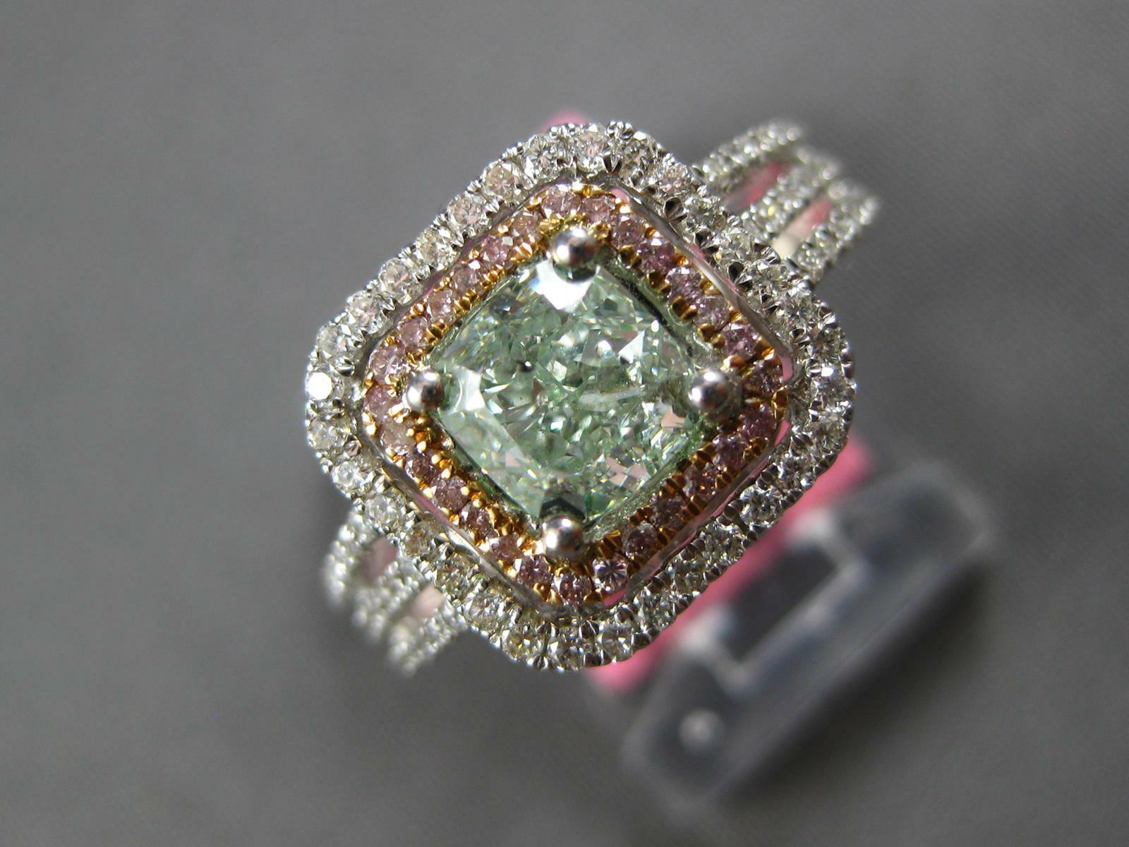 LARGE GIA 1.57CT WHITE PINK & GREEN DIAMOND 18K WHITE & ROSE GOLD 3D SQUARE RING