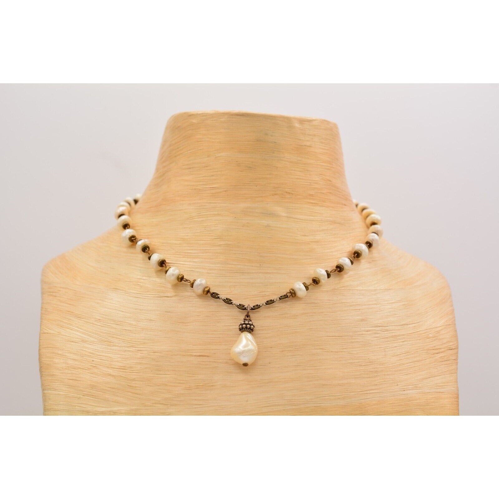 Vintage Pearl Necklace Y Drop Bronze Rustic Brass Tone AS IS Bin6A