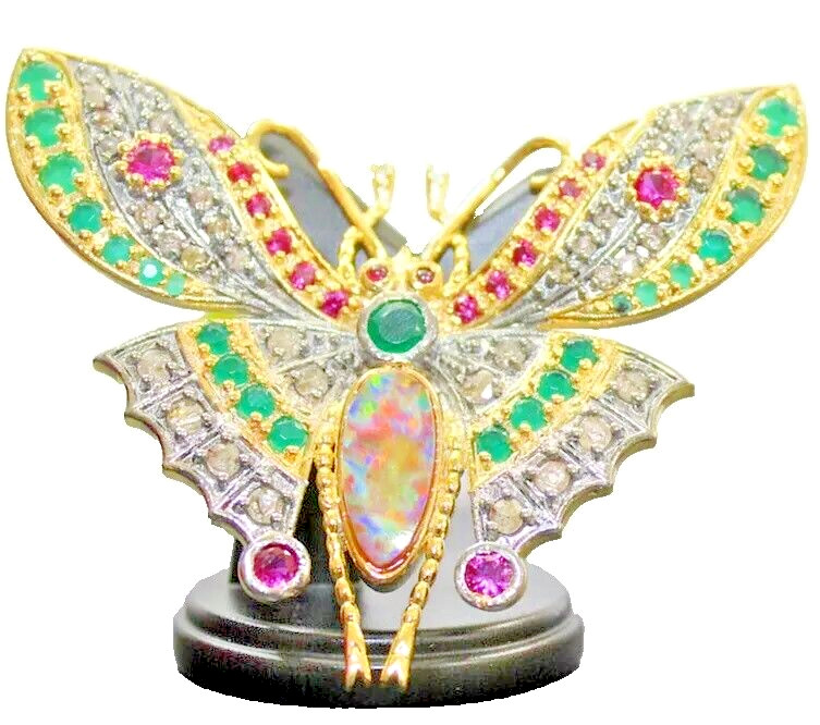 1.60ct Rose Cut Diamond Ruby Emerald Opal Victorian 925 Silver Butterfly Brooch