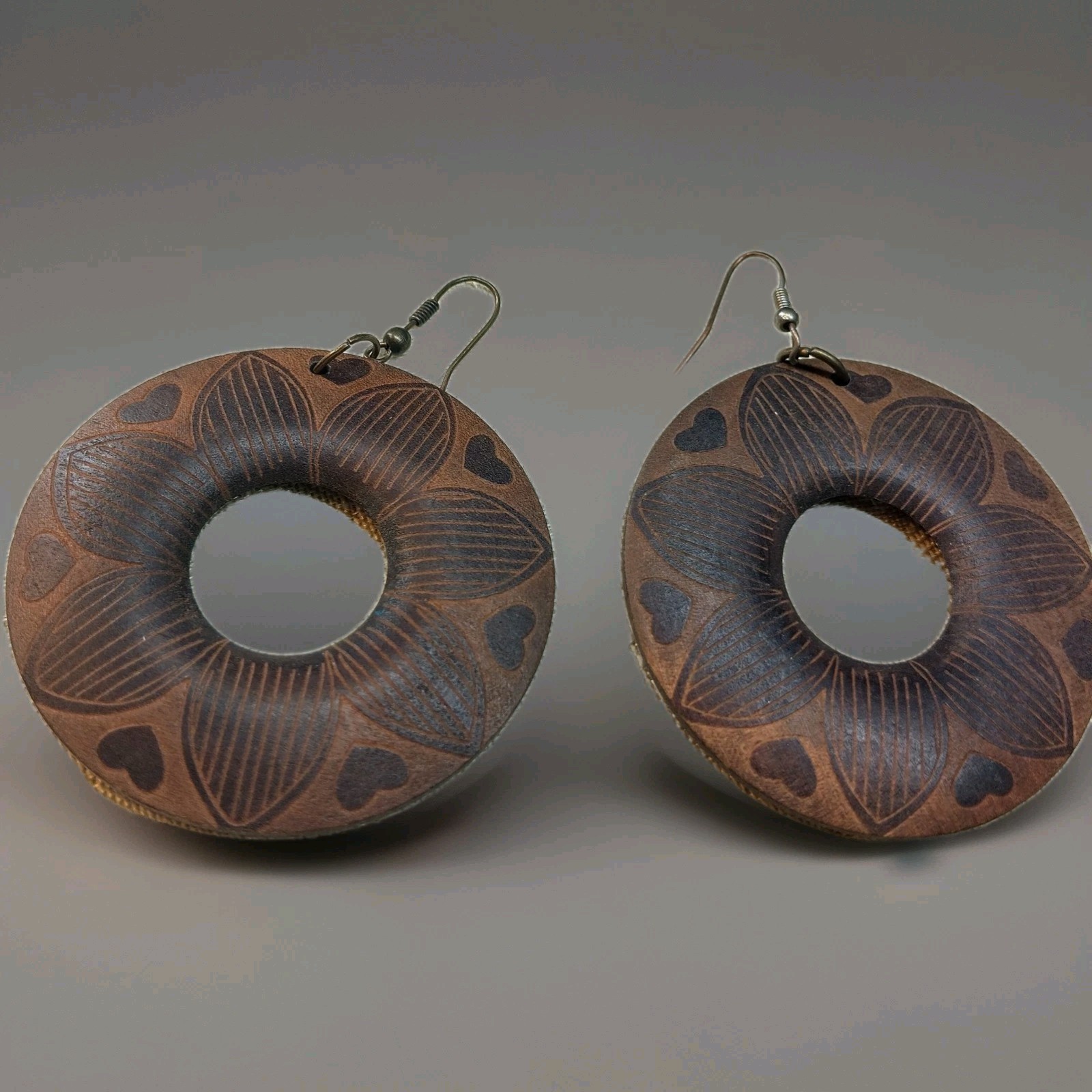 Vintage Carved Wooden Hearts And Flowers Ear Wire Earrings