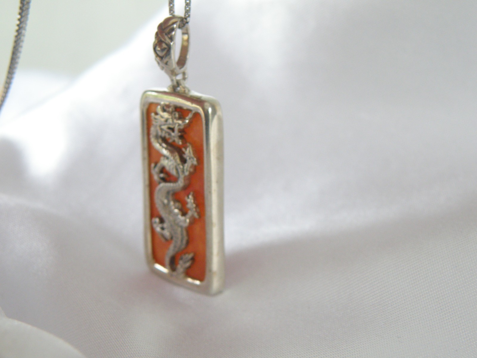 Vintage Sterling Silver 925 Red Jade Asian Dragon Pendant Necklace