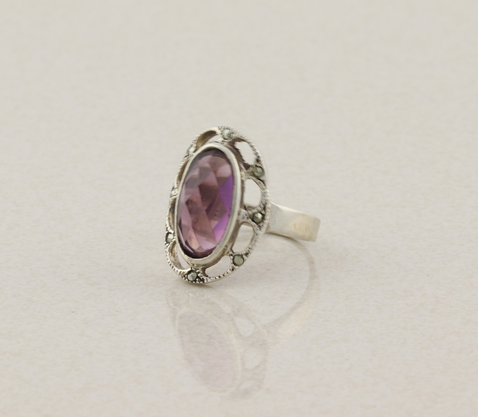 Sterling Silver Cushion Cut Purple Cubic Zirconia and Marcasite Ring Size 8 1/4