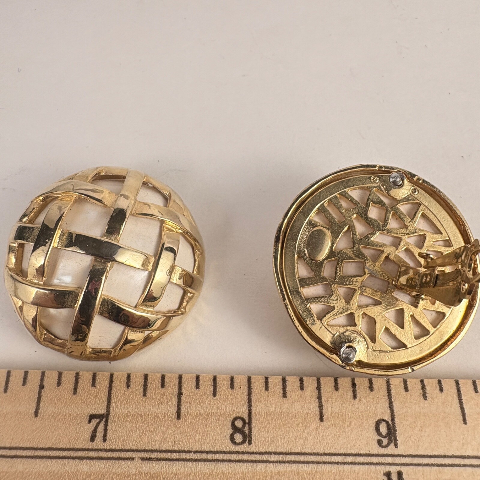 vintage Gold Basket Weave Earrings white clip-on from Henri Bendel Beautiful