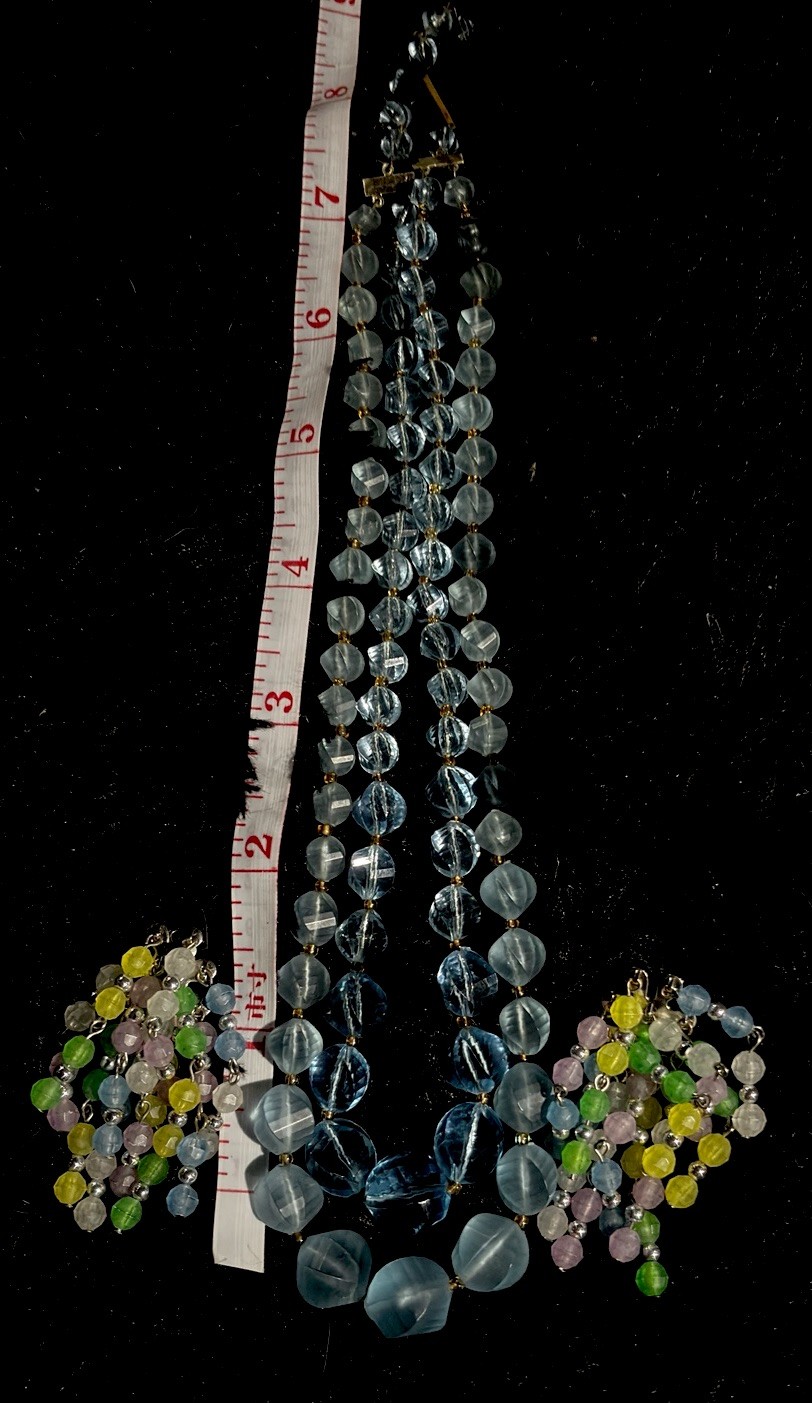 Vtg West Germany Blue Glass Bead Necklace And Multi Colored Clip On Earrings Set