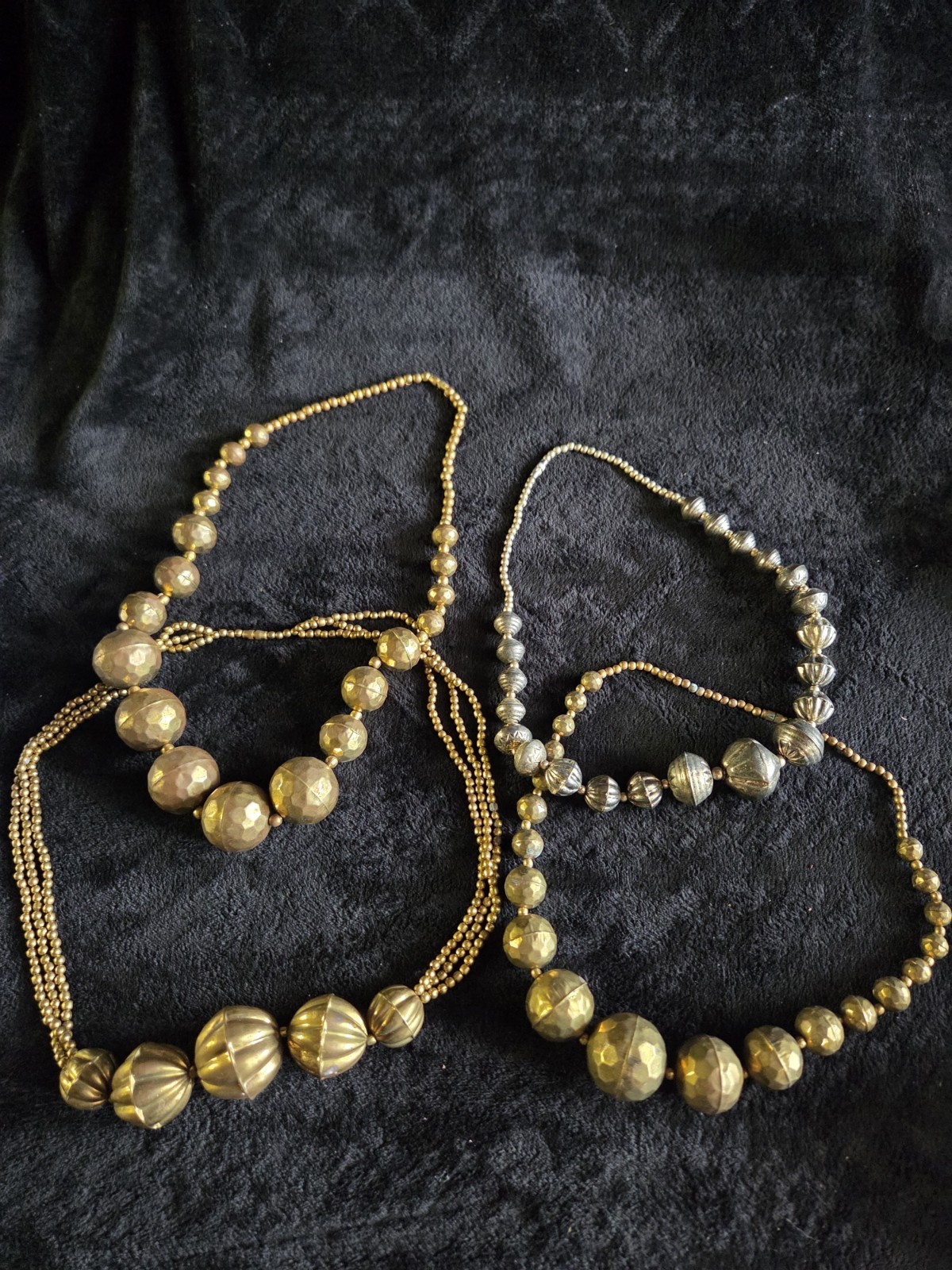 Lot Of 4 Hammered Brass Bead / Silver Necklace 30” Long Graduated Boho Tribal