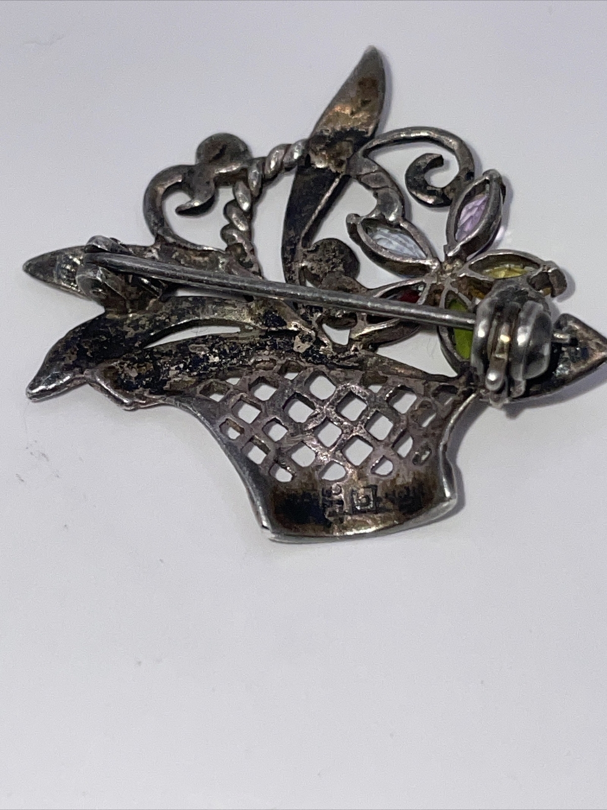 VTG Sterling Silver Marcasite Gemstone Flower Basket Brooch Pin Designer Signed