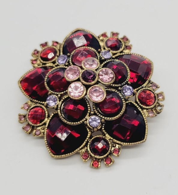 Flower Brooch Pin PURPLE pink Red Gold tone 1.75 in 3D Art Deco Vintage