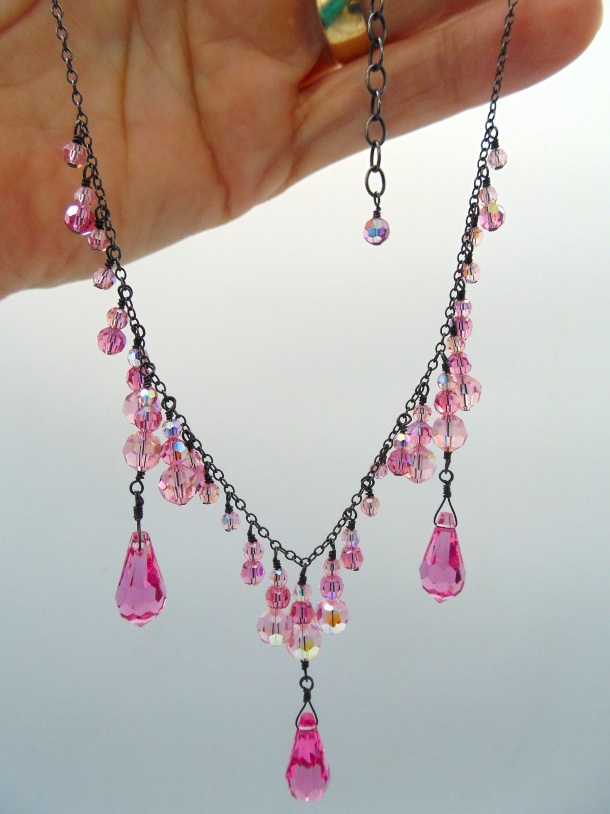 Vintage .925 STERLING SILVER and PINK CRYSTAL Festoon Necklace Adj. 15″-19″ Exc.