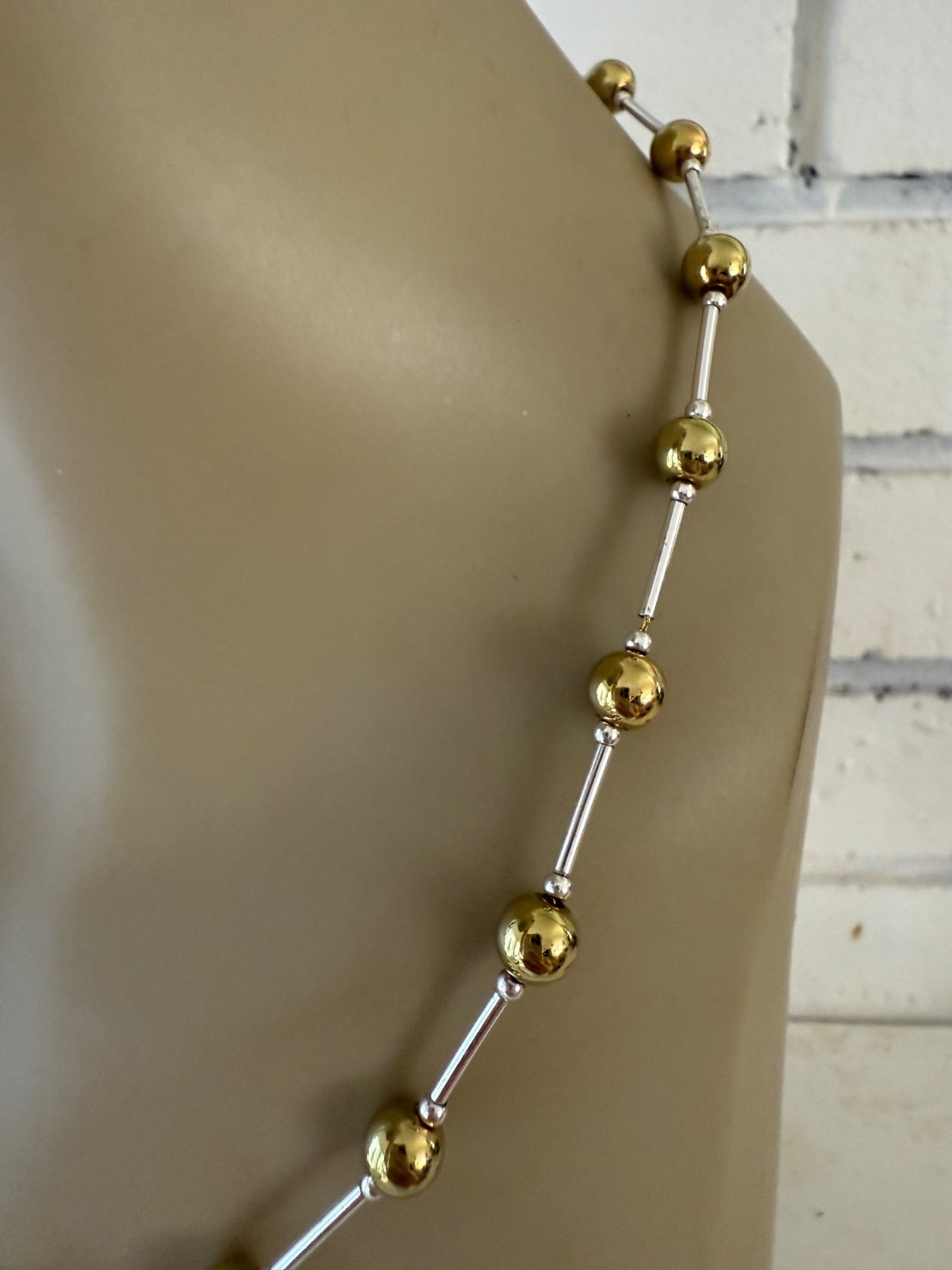 ESTATE VINTAGE GOLD & SILVER PLATED BALL BAR LINK CHAIN SIGNED NECKLACE 17″