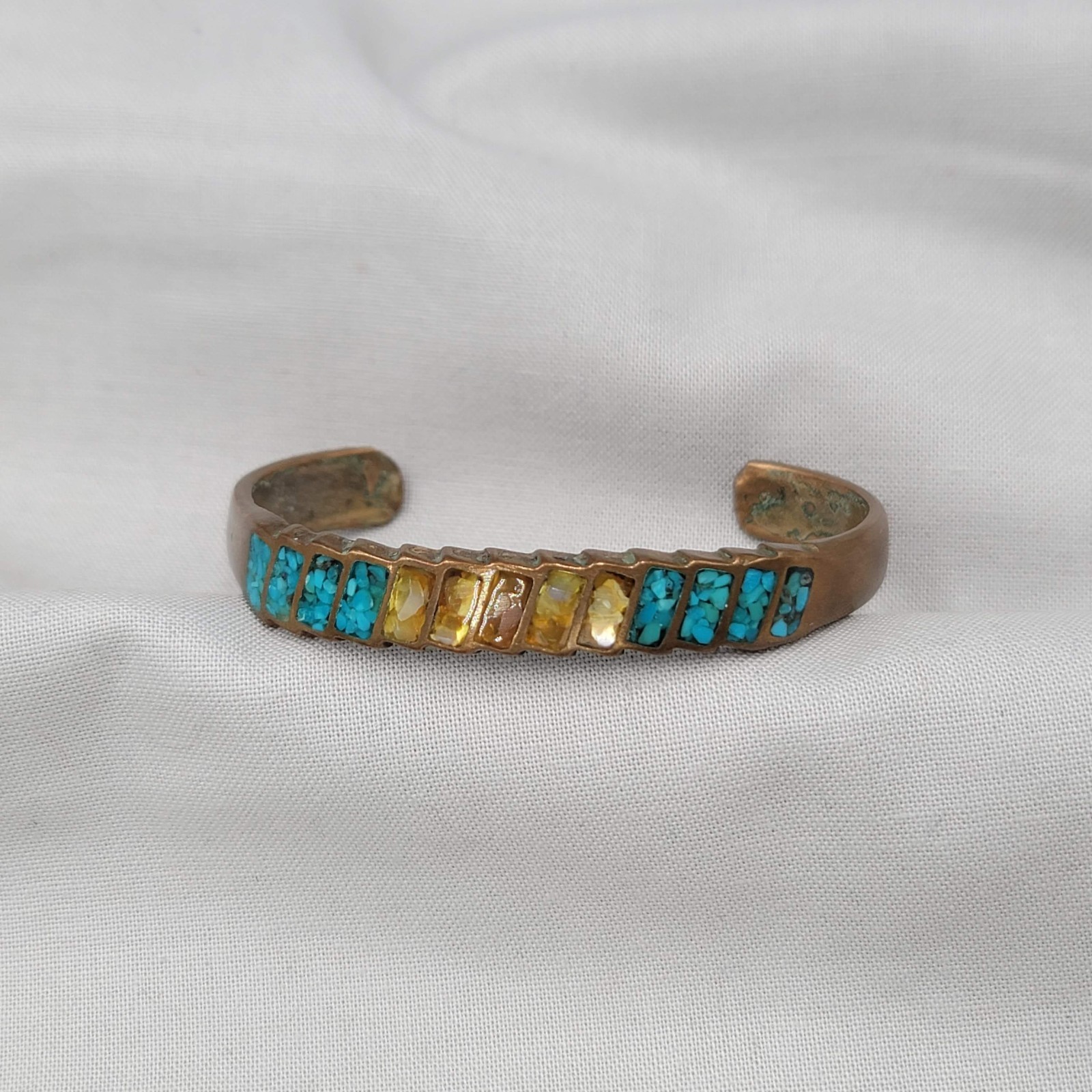 Vintage Turquoise Shell Inlay Brass Cuff Bracelet SMALL 6″
