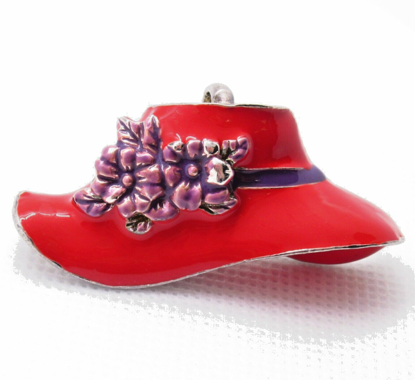 Vintage Red Hat Brooch Necklace Charm Purple Flowers Ribbon Design