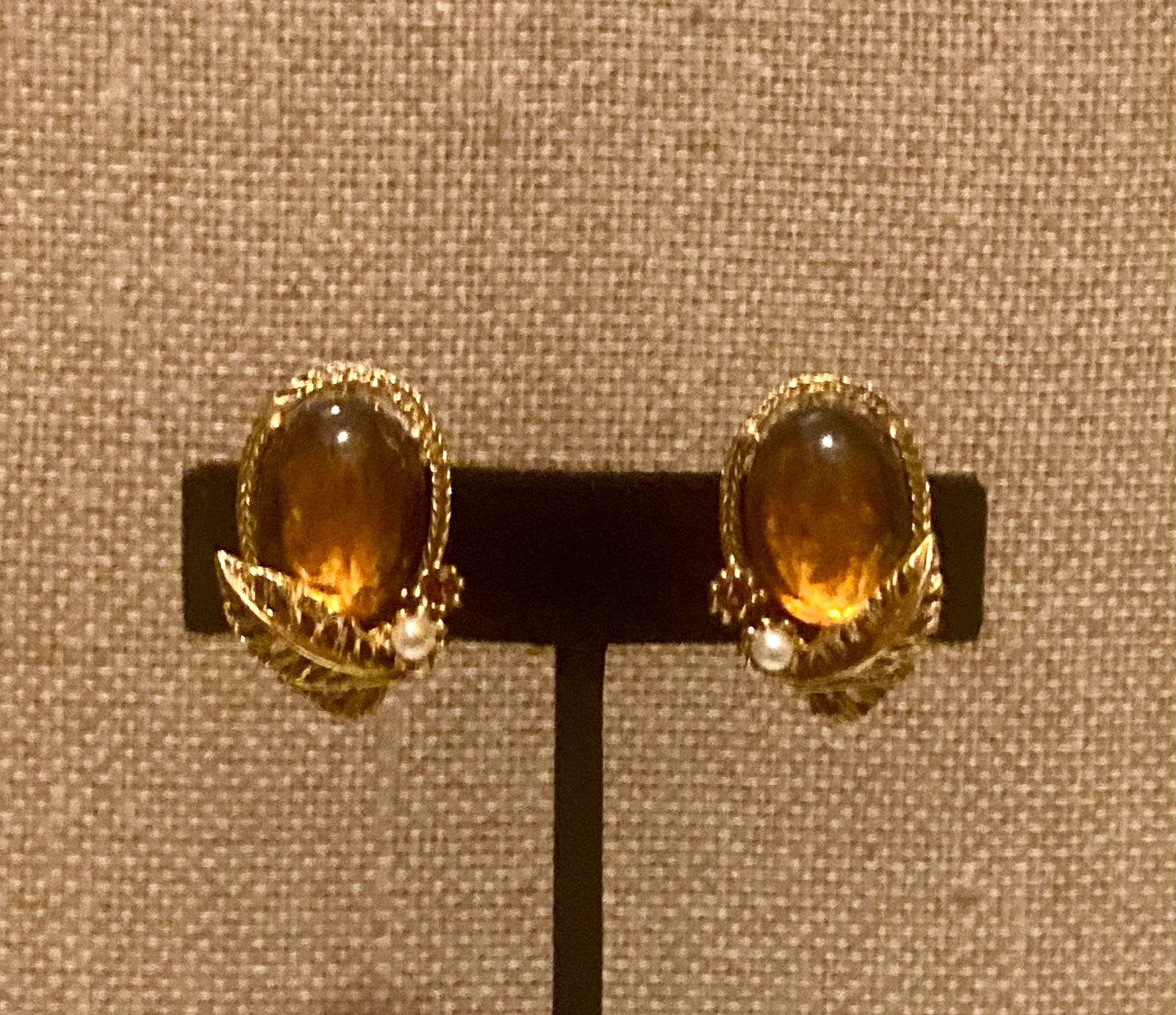 Vintage Faux Amber Glass Cabochon Earrings Gold Tone Leaf Faux Pearl Accent Clip