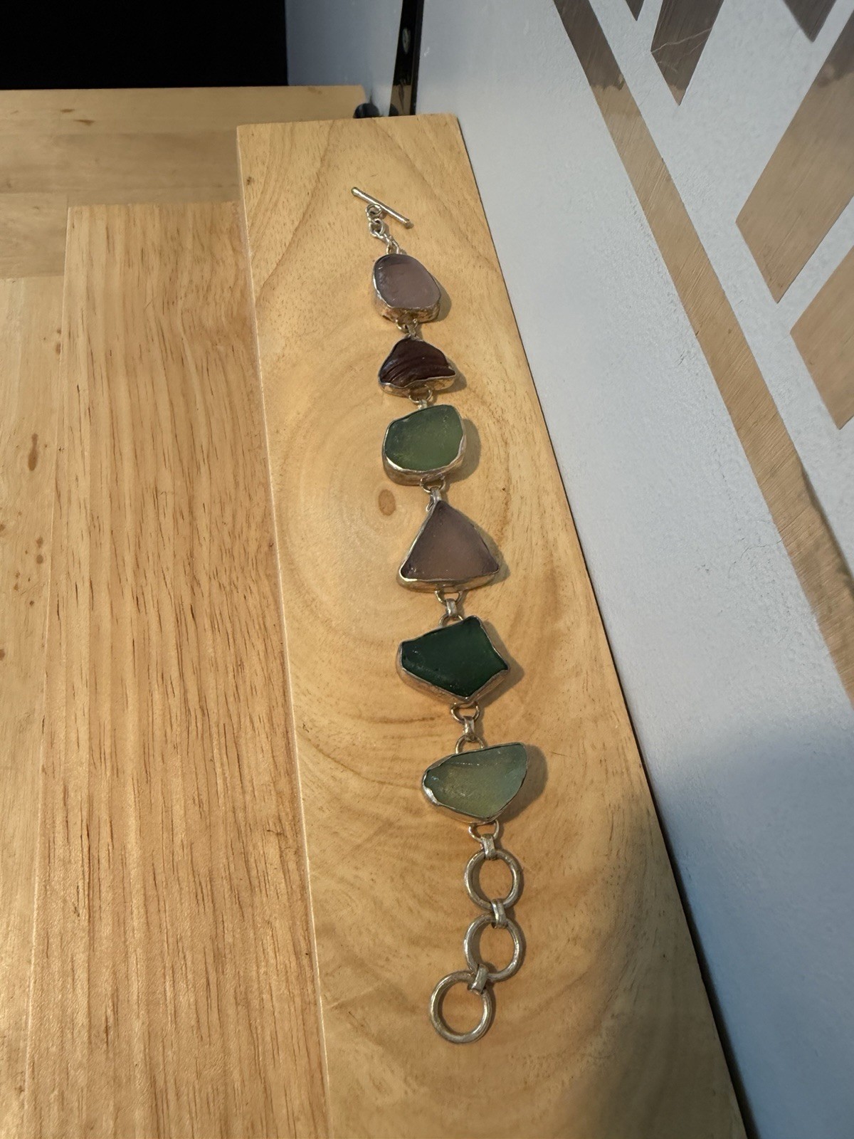 Vintage Sterling Silver Multicolor Sea Glass Toggle Bracelet