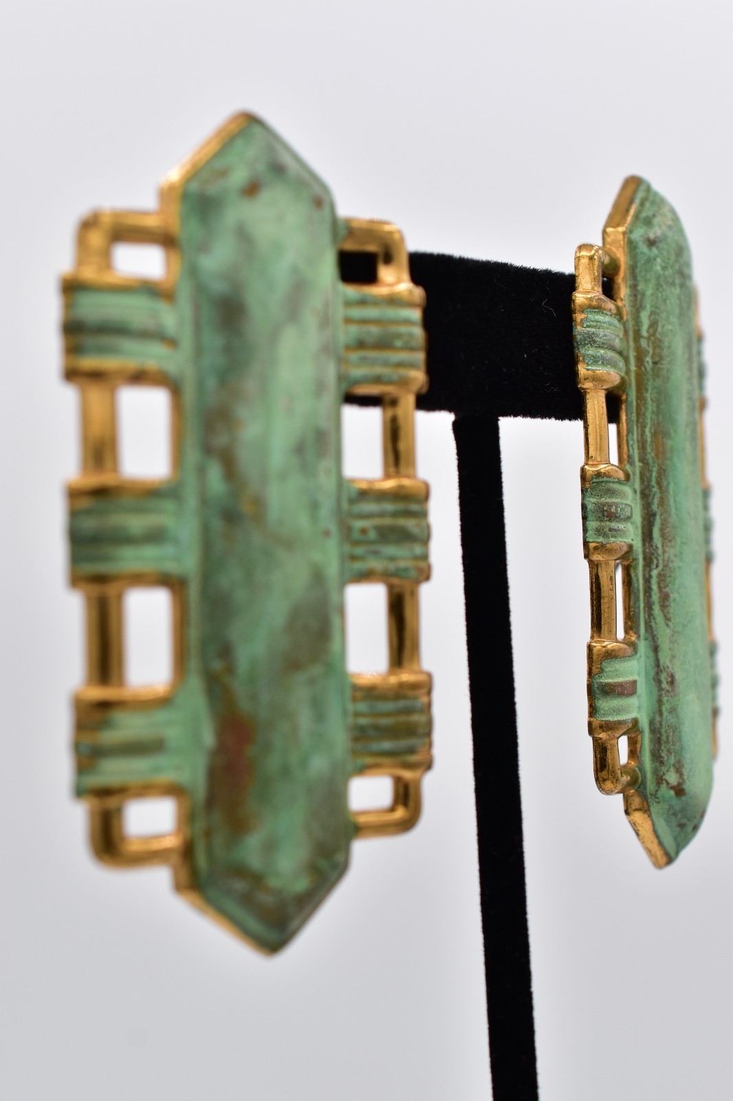 Vintage Brutalist Art Deco Verdigris Patina Gold Tone Drop Earrings 1970s BinAV
