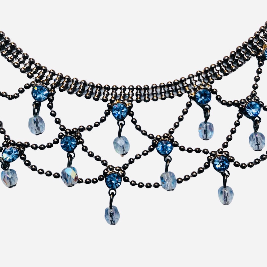 Lia Sophia Necklace Blue Rhinestone Lace 17.5″ Bead Formal Fringe Webbed