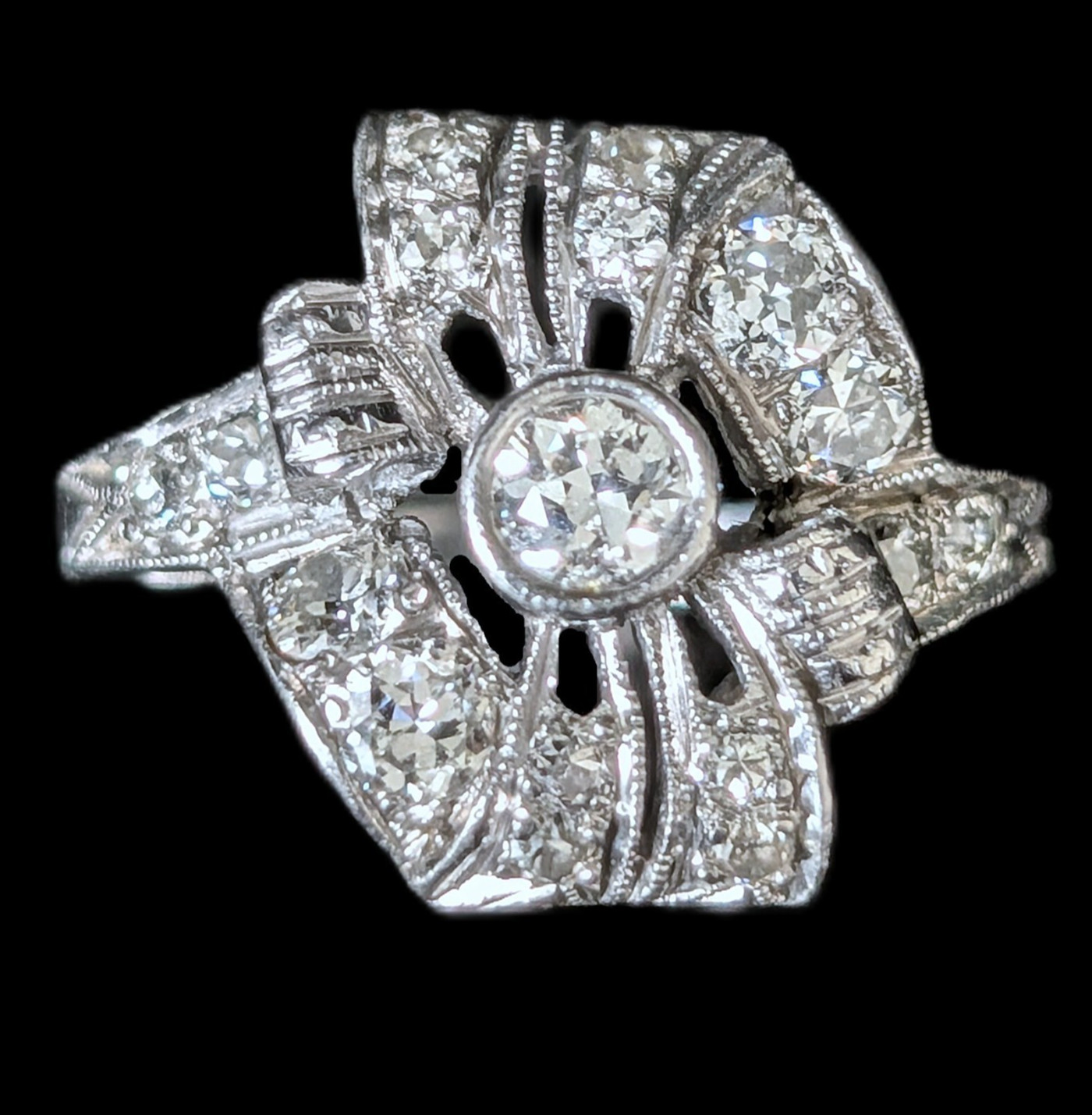 Edwardian Era Old European Cut Diamonds Platinum Cocktail Ring Floral Antique