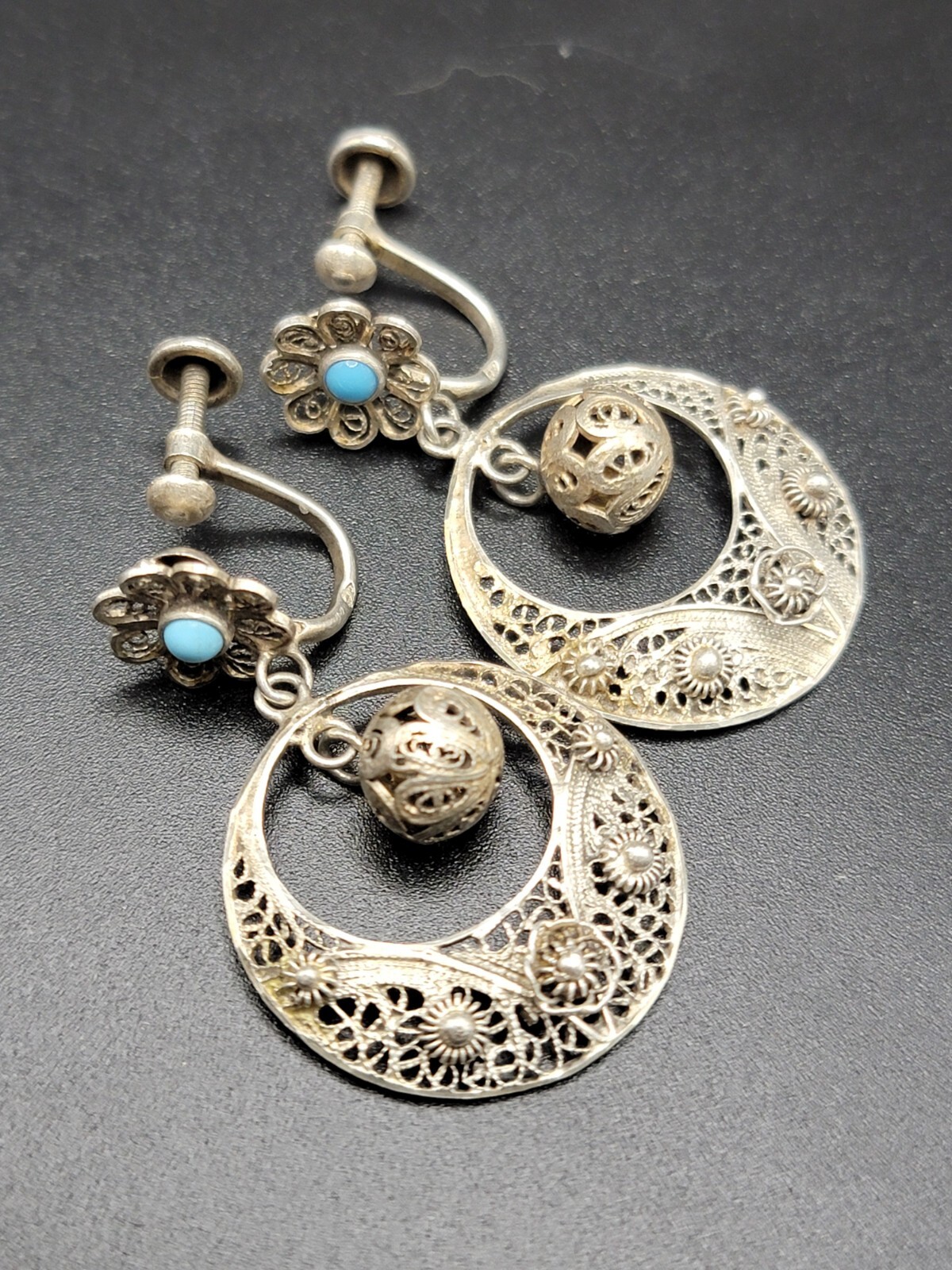 833 Silver Filigree Drop Earrings Turquoise Accent Dangle Vintage Ethnic