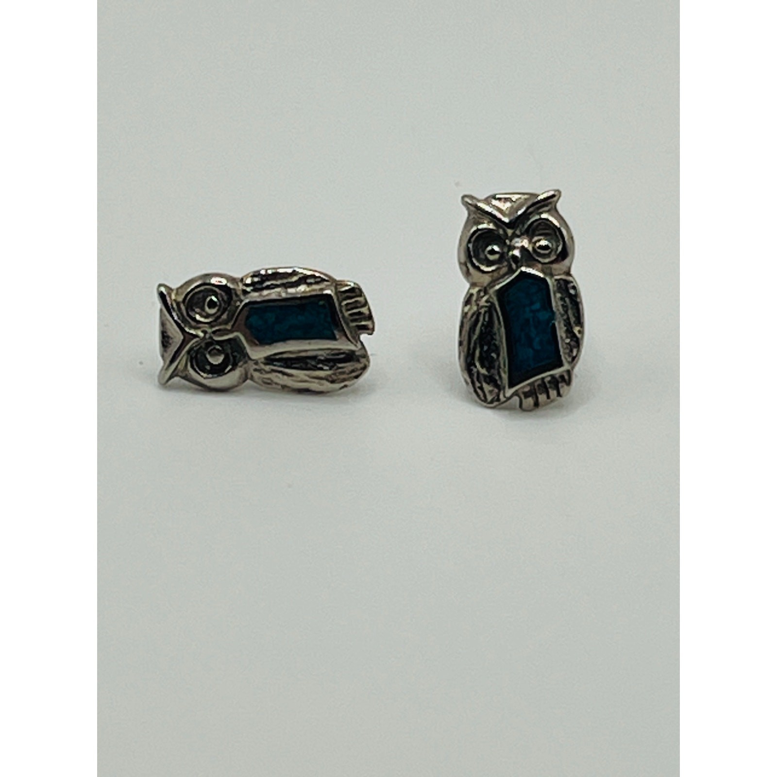Vintage Owl Stud Earrings | Silver Tone Owl Jewelry | Blue Stone Inlay