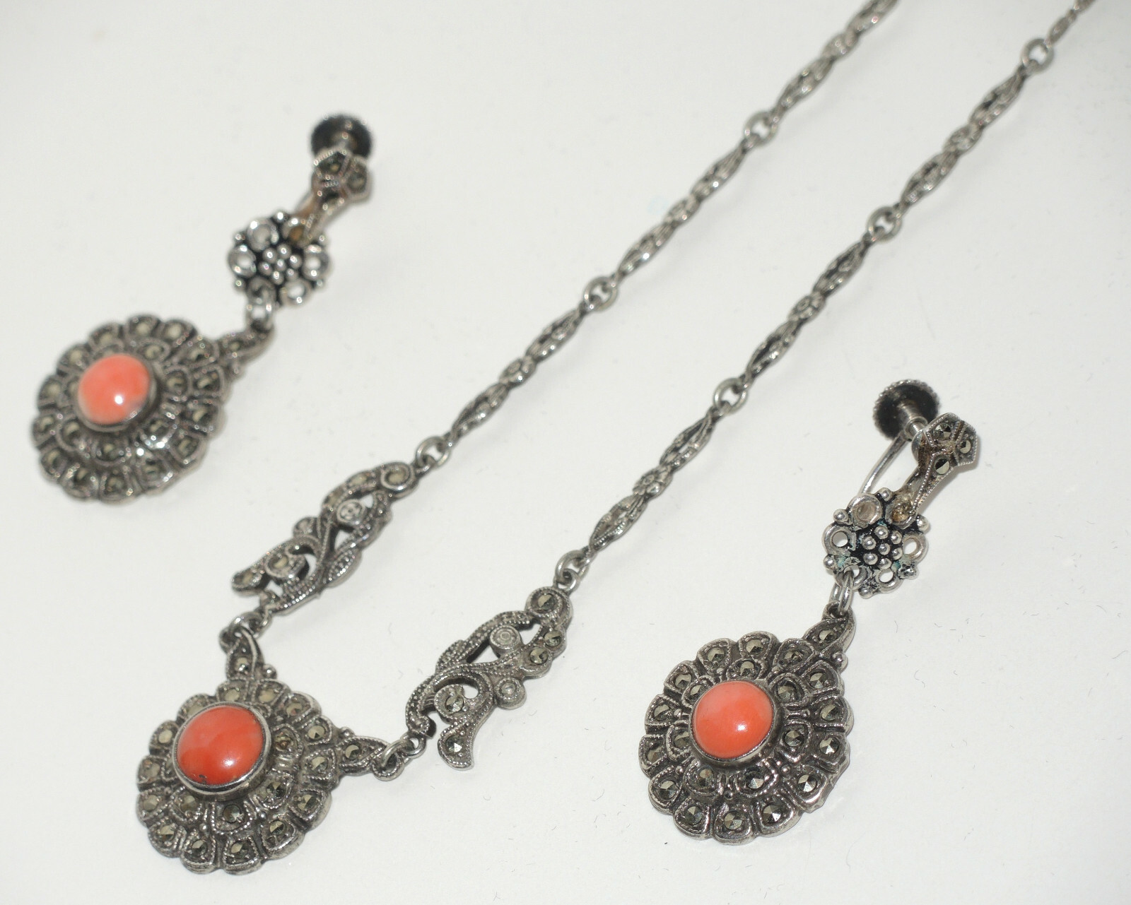 Art Deco Set Sterling Silver Germany Pendant & Earrings with Coral & Marcasites
