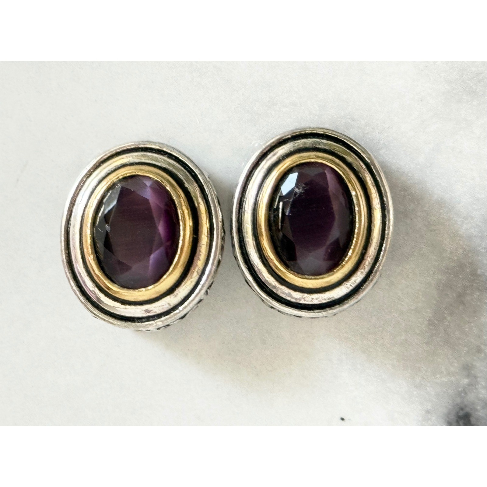 Vintage Mixed Metal Purple Stone Oval Clip On Earrings Silver Gold Tone Scroll