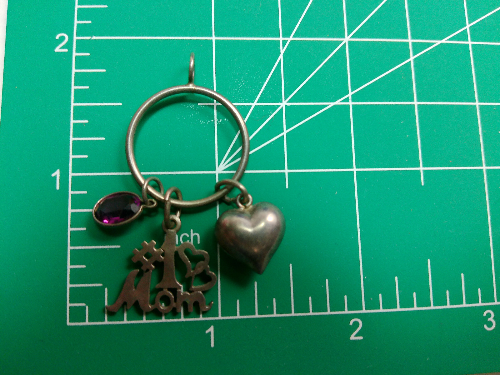 Vtg Sterling Silver #1 Mom Puff Heart Pink Glass Stone Charms Round Holder Lot