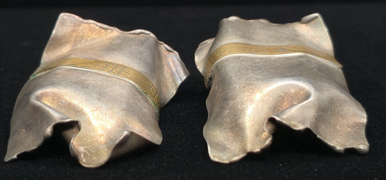 Big Vtg Signed Mixed Metal Sterling Silver Brass Brutalist Pierced Earrings