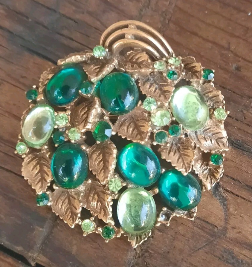Vtg Arthur Pepper Brooch Pin Greens Cabochon Rhinestone Gold Leaves Gripoix RARE