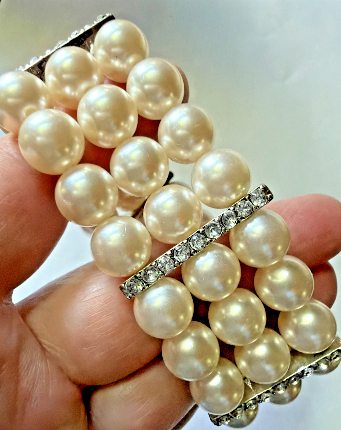 3 Strand Faux 1cm Pearl Rhinestone Stretch Bracelet RMN Signed Roman 1.25 in