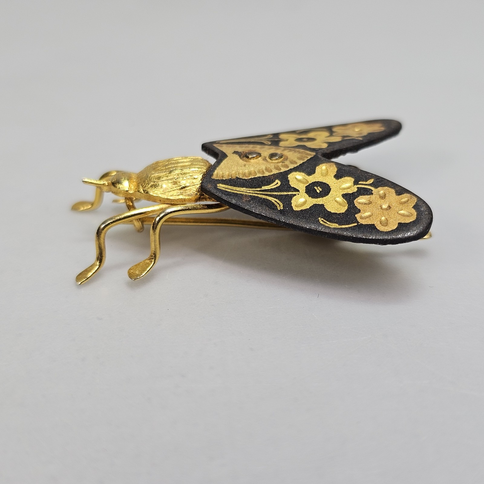 Vintage Damascene Fly Brooch Insect Bug Toledo Spain Gold Leaf