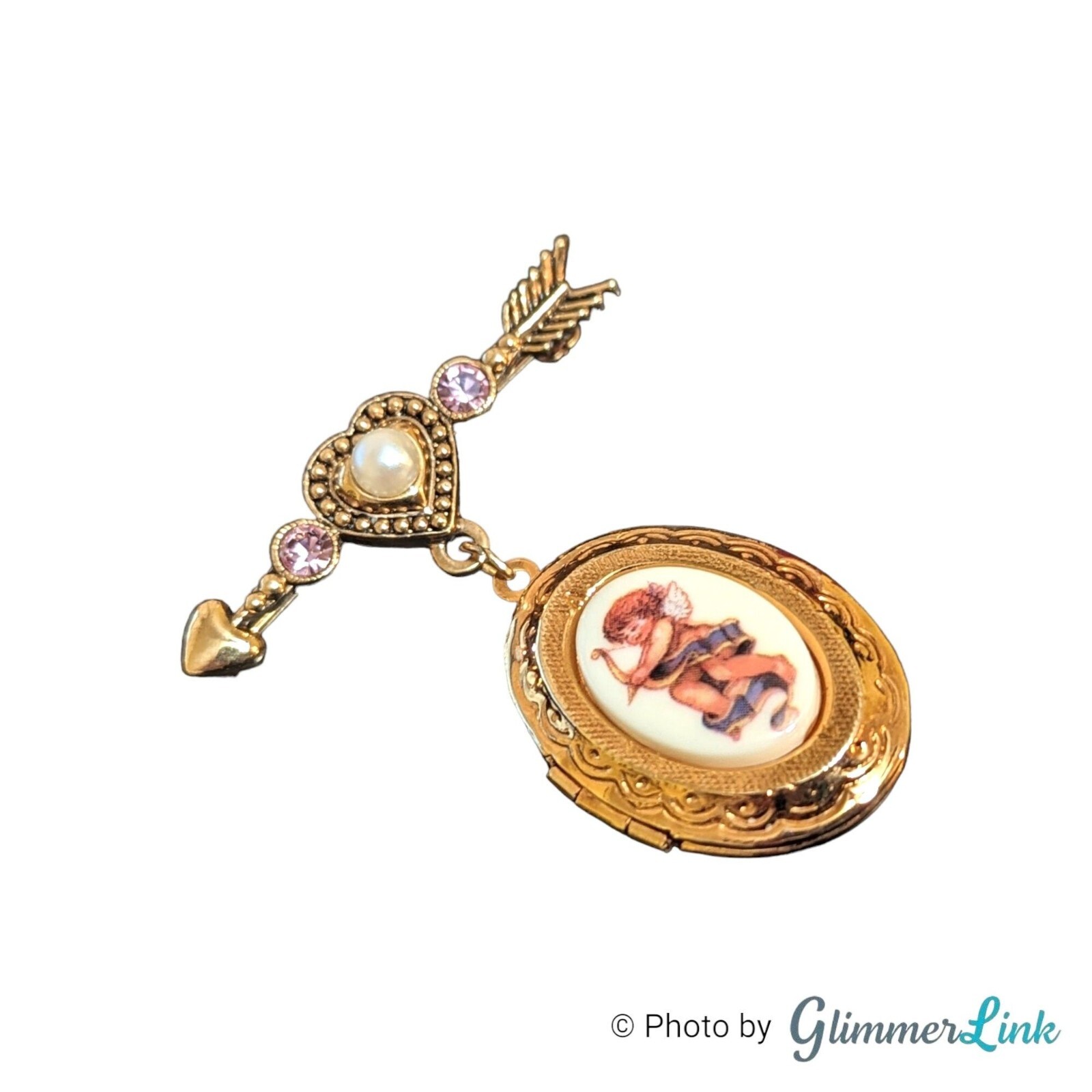 Avon 90s Cherished Moments Cupid Arrow Heart Locket Dangle Brooch Pin