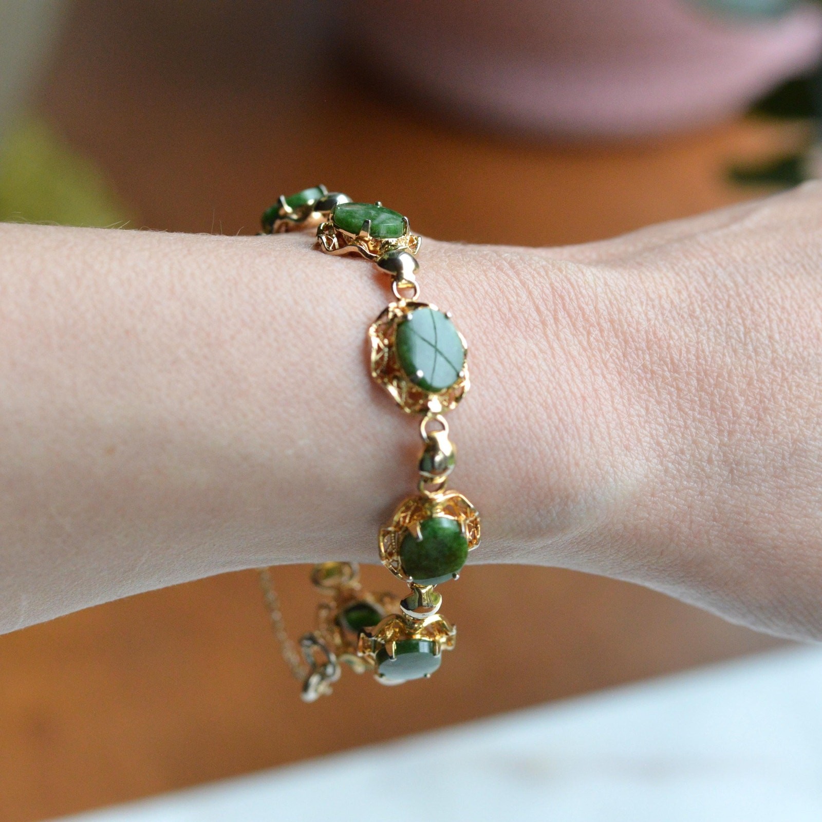 Vintage Alice Caviness Jade Bracelet | 12K Gold Filled Filigree Link | Signed