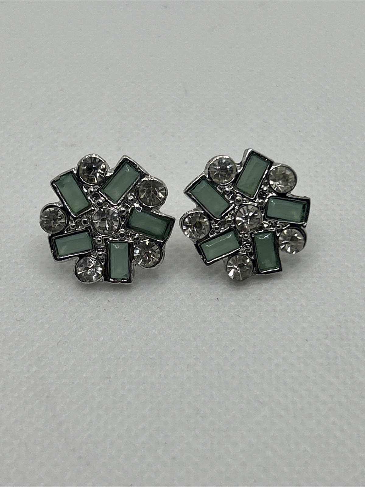 Vintage Milk Green Emerald Cut And Round Clear Rhinestones Stud Earrings