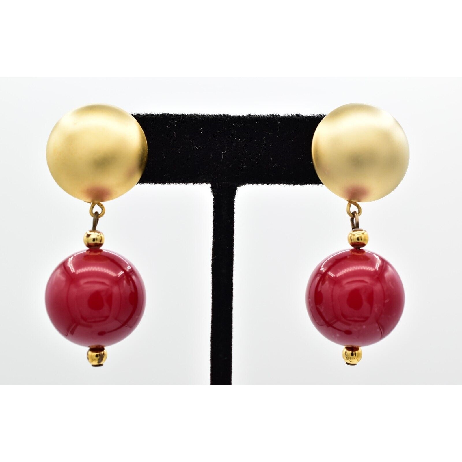 Vintage Dangle Beaded Earrings Chunky Drop Brushed Gold Red Retro 1980s BinBF