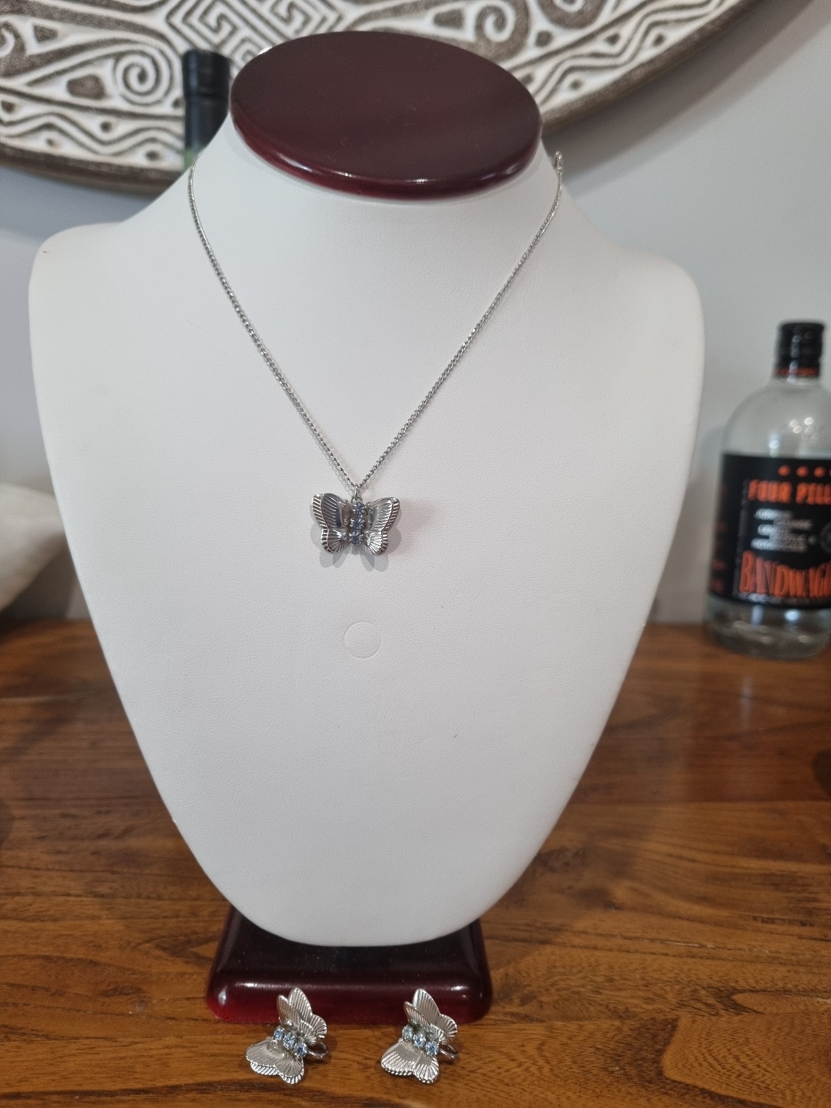 Vintage 14k White Gold Flled Butterfly Pendant Earring Set Blue Stones See Video