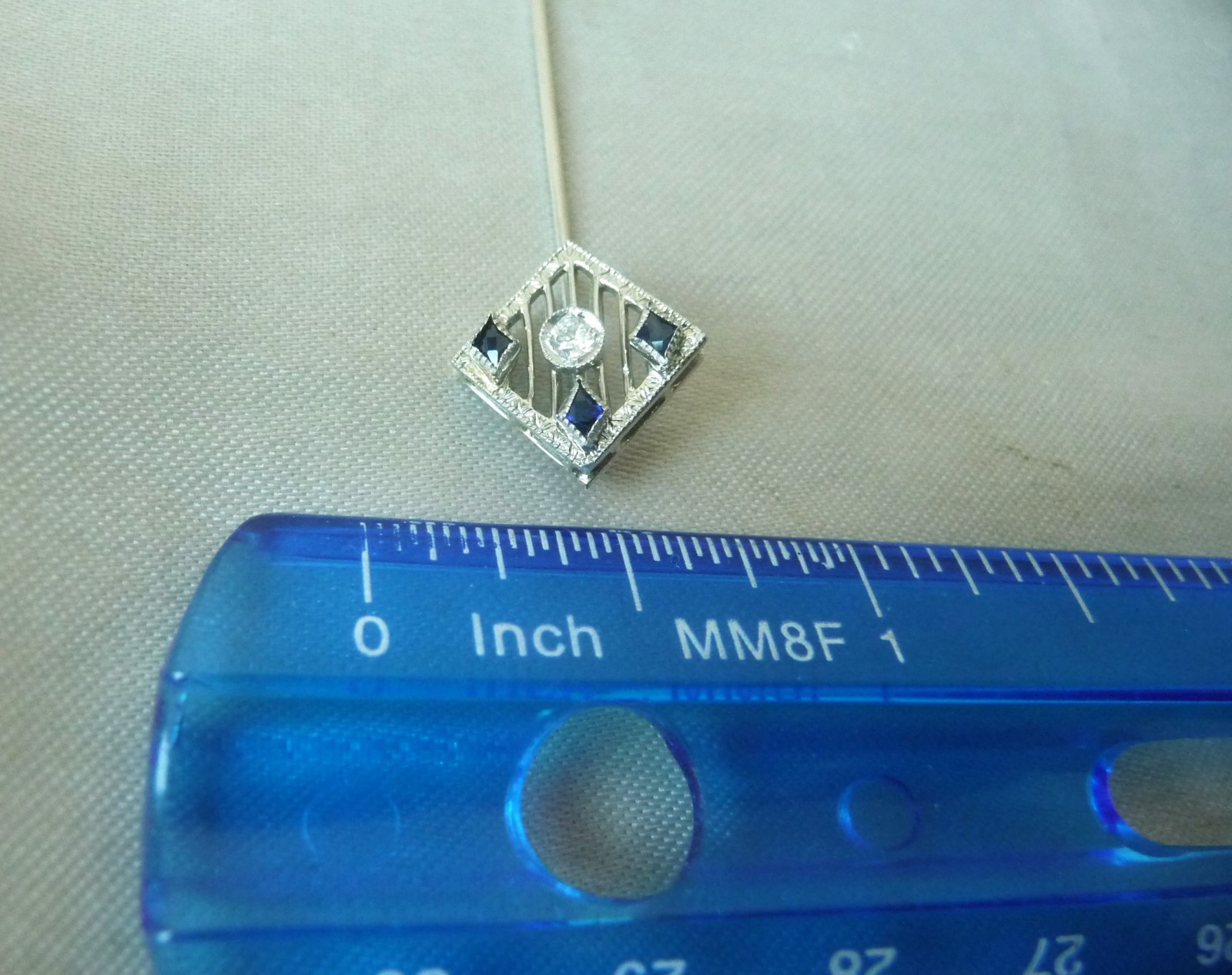 BEAUTIFUL ANTIQUE CIRCA 1920 18K WHITE GOLD DIAMOND SAPPHIRE STICK PIN BROOCH!