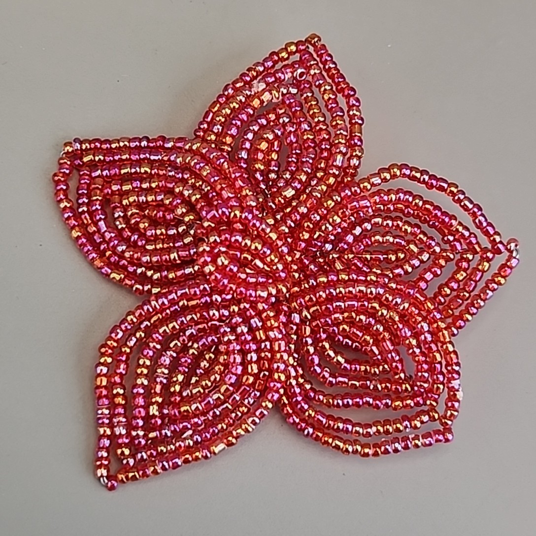 Vintage Seed Bead Flower Brooch AB Red Wired Glass 2.75″
