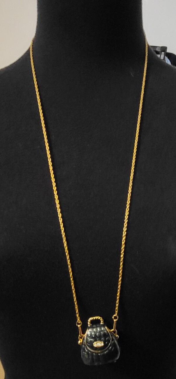 Vintage Enamel Purse Necklace stamped 1990 Goldtone & Blue
