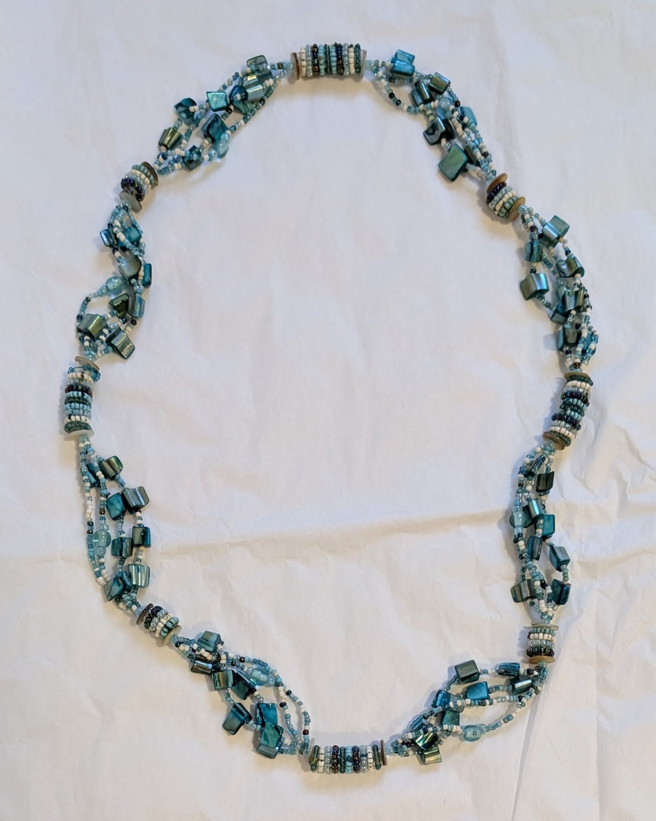 4 Strand Layered Necklace with Blue Dyed Abalone MOP and Glass Beads 30.5 inches