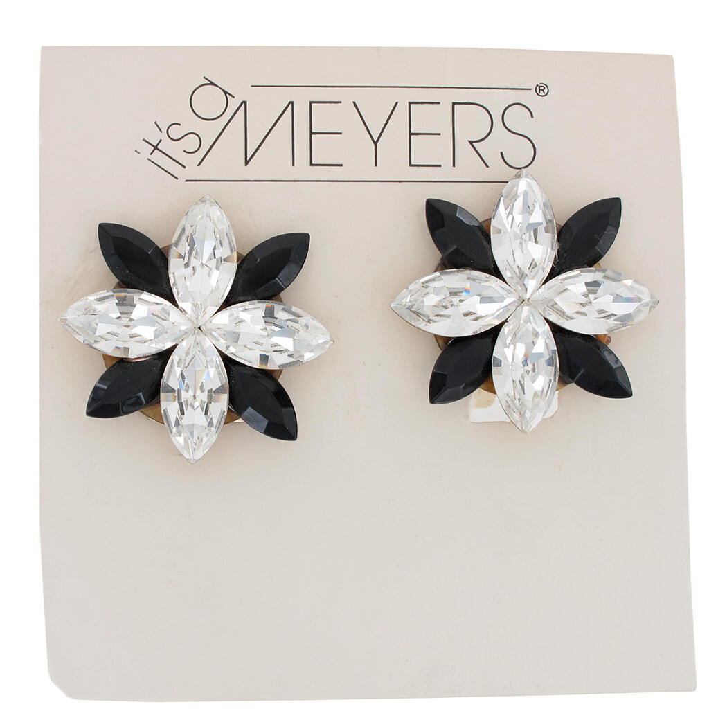 Meyers Black Clear Glass Rhinestone Starburst Flower Clip On Earrings 1980s 1.5″