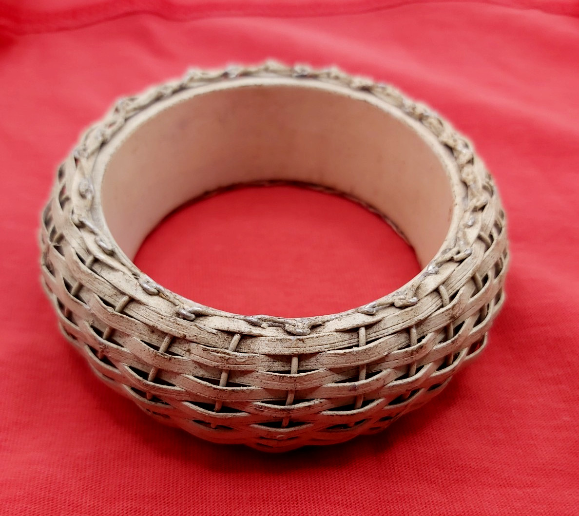 Vintage Ethnographic Woven Rattan Fiber Bangle Wire Bound Chunky Statement Brace