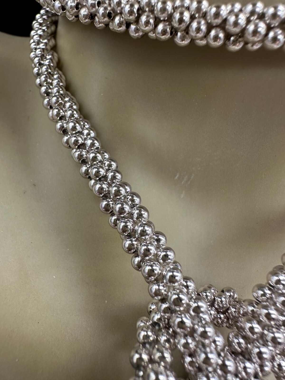 ESTATE SILVER TONE POPCORN CHAIN CAMELLIA FLOWER BEAD TASSEL OPEN NECKLACE 50″