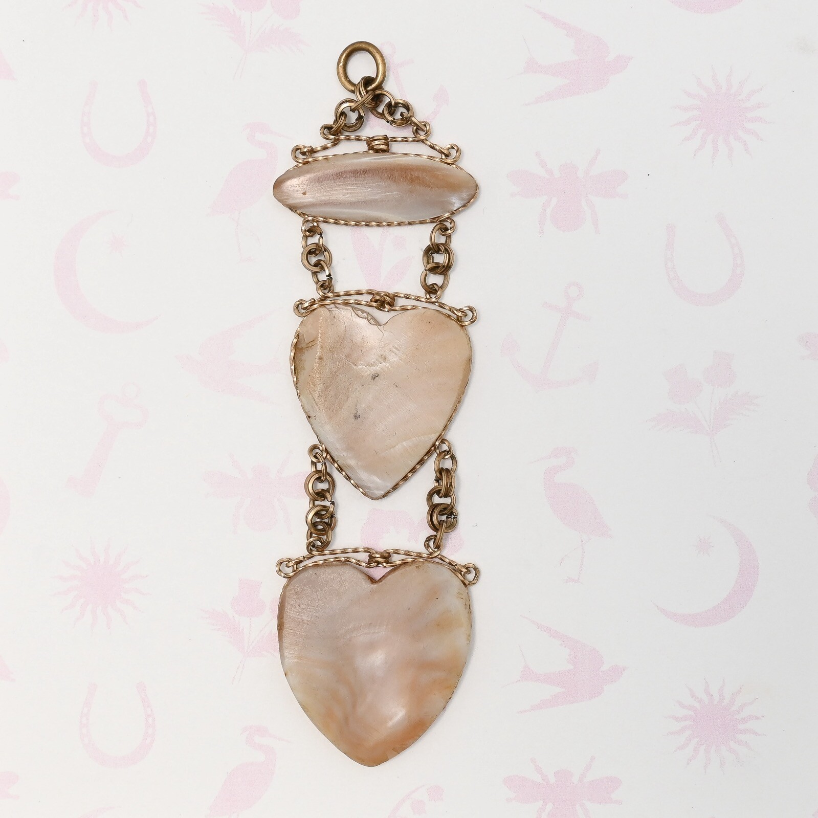 Antique Victorian LARGE 4″ Heart MOP Mother of Pearl Yellow Gold Filled Pendant