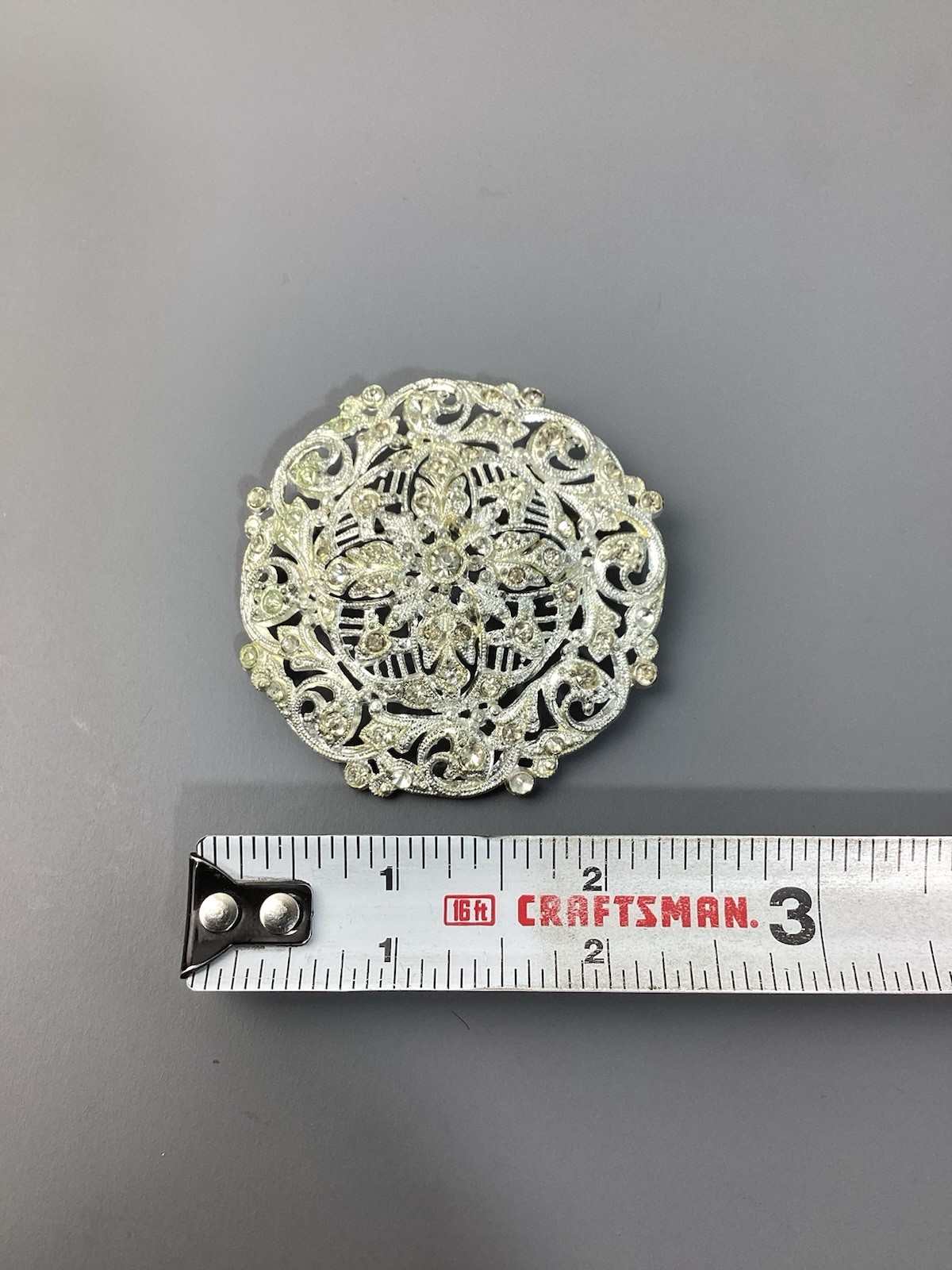 Vintage New England Glass Works Silver & Rhinestones Filigree Brooch Pin Large