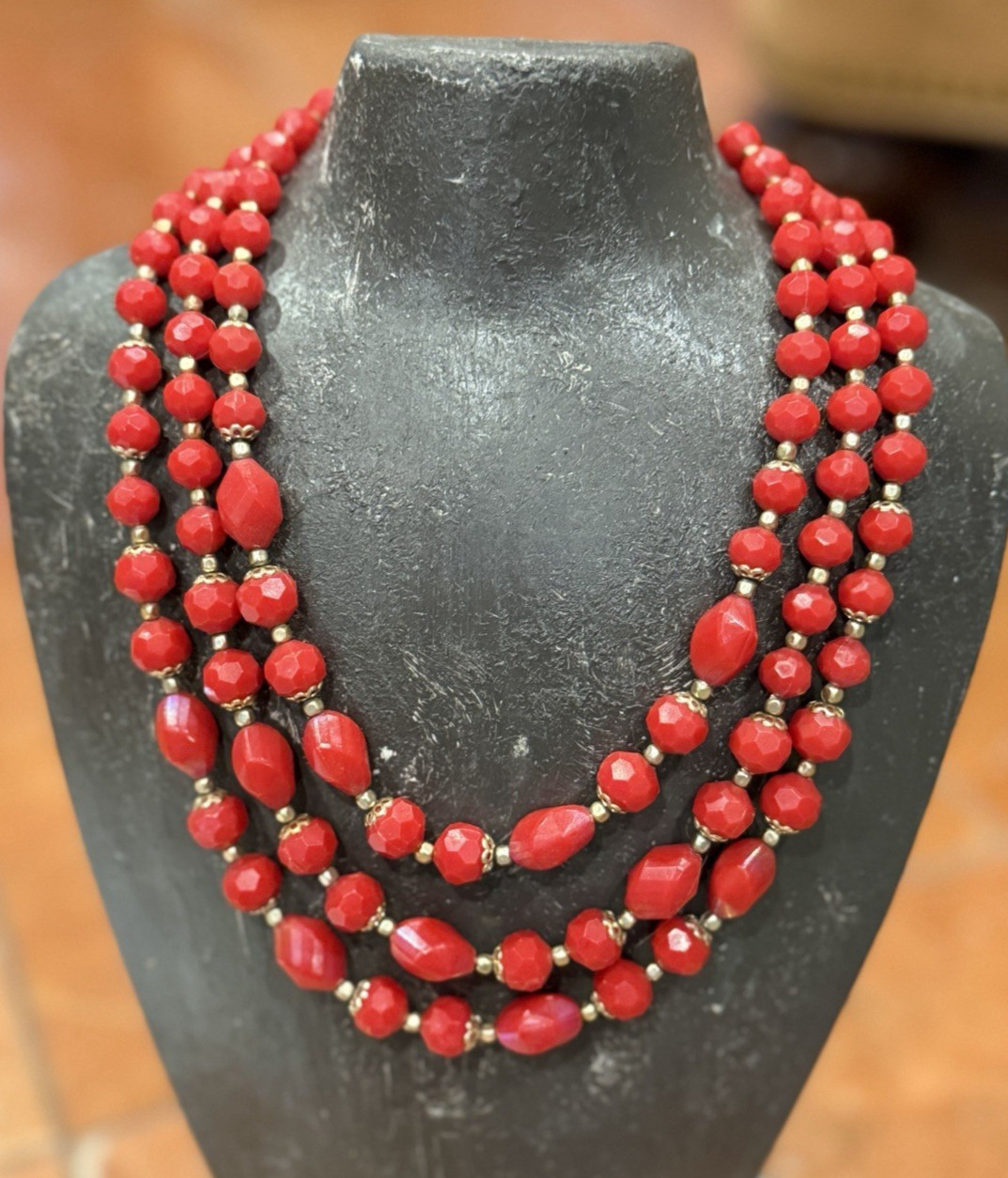 HONG KONG RED LUCITE GOLD BEADS 3 STRAND NECKLACE CLUSTER CLIP EARRINGS SET MCM